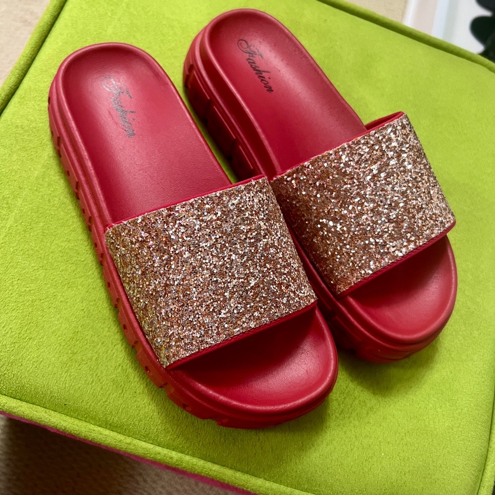 Red Glitter Slide Sandals